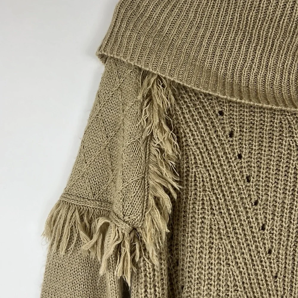 KNOX ROSE cowl shoulder tight knit sweater tan with fringe S - Picture 3 of 8